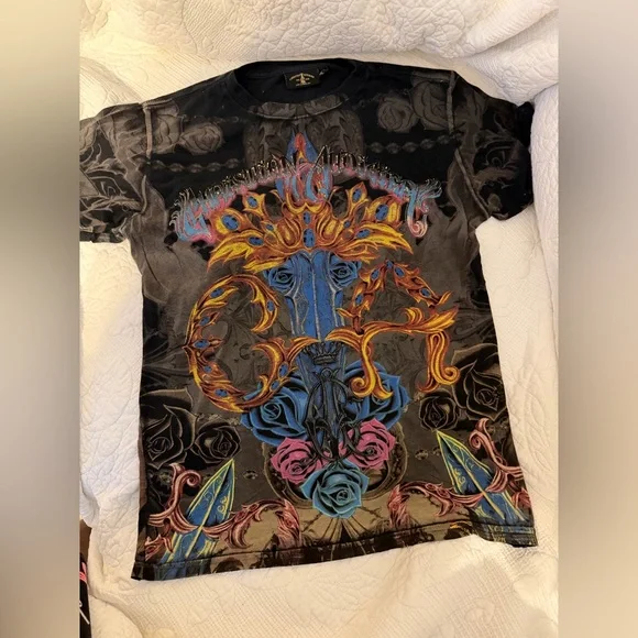 Christian Audigier Black and Multicolor Graphic Tee - Picture 2 of 5